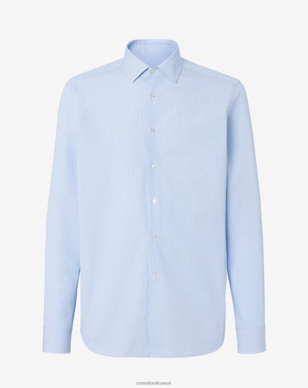 رجال Corneliani أزرق فاتح قميص بوبلين قطني بخطوط صغيرة ملابس Z2F68185
