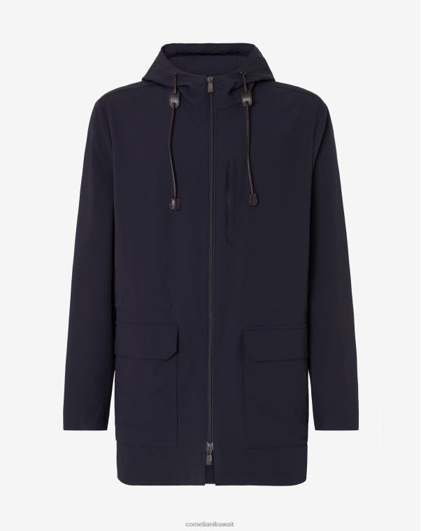 رجال Corneliani الأزرق الداكن سترة بغطاء للرأس مصنوعة من نسيج الصوف التقني ملابس Z2F6892