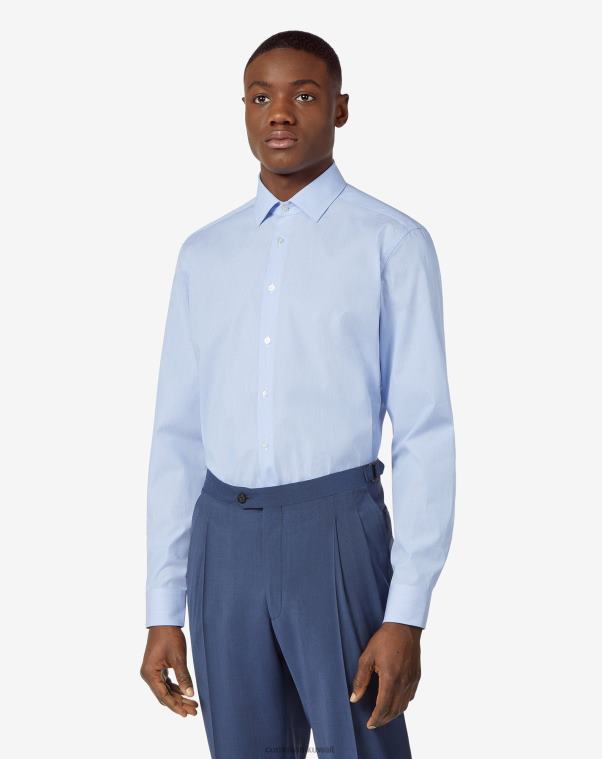رجال Corneliani أزرق فاتح قميص بوبلين قطني بخطوط صغيرة ملابس Z2F68185