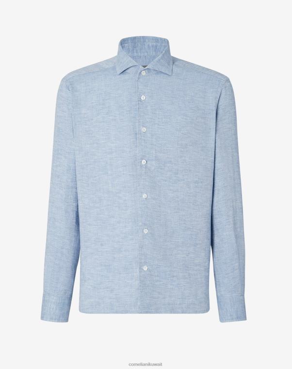 رجال Corneliani أزرق فاتح قميص من القطن الكتاني المتعرج ملابس Z2F68227
