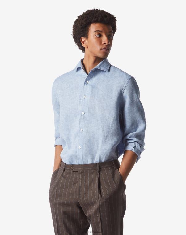 رجال Corneliani أزرق فاتح قميص من القطن الكتاني المتعرج ملابس Z2F68227
