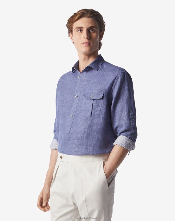 رجال Corneliani أزرق قميص الكتان المغسول ملابس Z2F68225