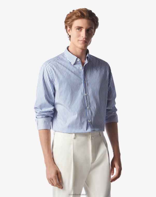 رجال Corneliani أزرق قميص من القطن بنمط مخطط ملابس Z2F68216