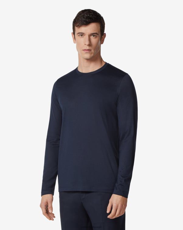 رجال Corneliani الأزرق الداكن سترة من الحرير والقطن بياقة دائرية ملابس Z2F68116