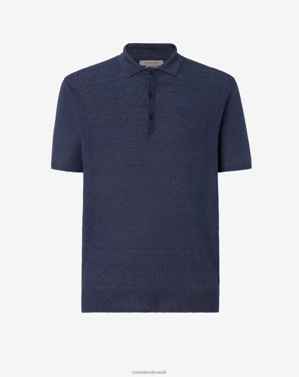 رجال Corneliani الأزرق الداكن قميص بولو من الكتان بأكمام قصيرة ملابس Z2F68260
