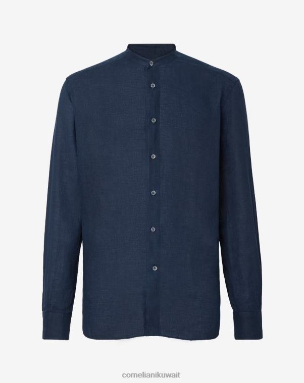 رجال Corneliani الأزرق الداكن قميص مغسول بياقة جورو دائرية ملابس Z2F68186