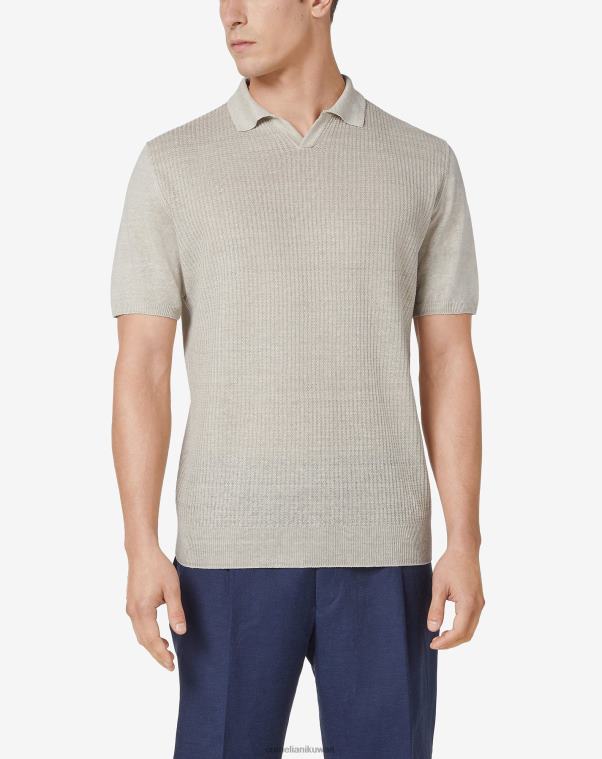 رجال Corneliani اللون البيج قميص بولو من الكتان العضوي بأكمام قصيرة ملابس Z2F68252