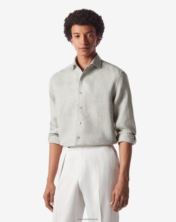 رجال Corneliani اللون البيج قميص من القطن الكتاني المتعرج ملابس Z2F68226